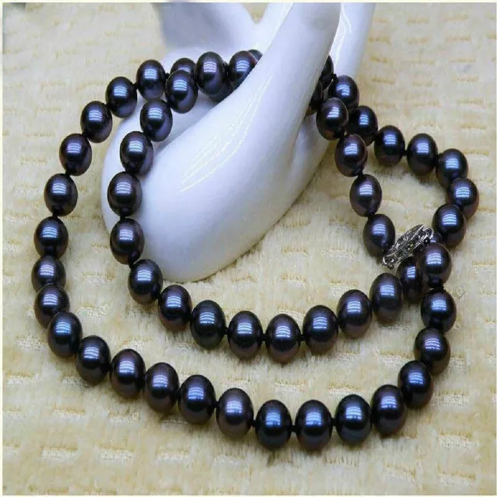 Amazing AAA+7-8mm True Natural Tahitian Black Pearl Necklace 18/36inch 14k Gold