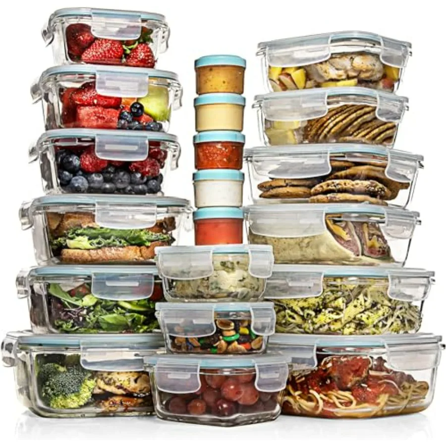 

35 Pc Set Glass Food Storage Containers with Lids - Meal Prep Airtight Bento Boxes BPA-Free 100% Leak Proof (15 lids,15 glass &