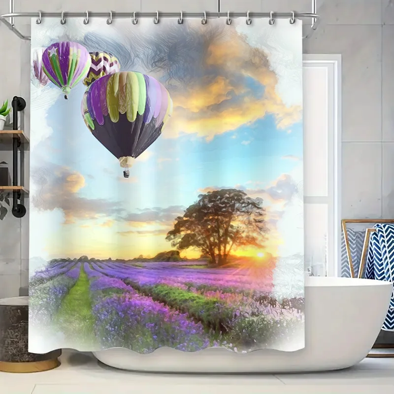 Vibrant Hot Air Balloons Lavender Fields Shower Curtain Waterproof Bathroom Decorations for Home Decoration Art Wall Hanging
