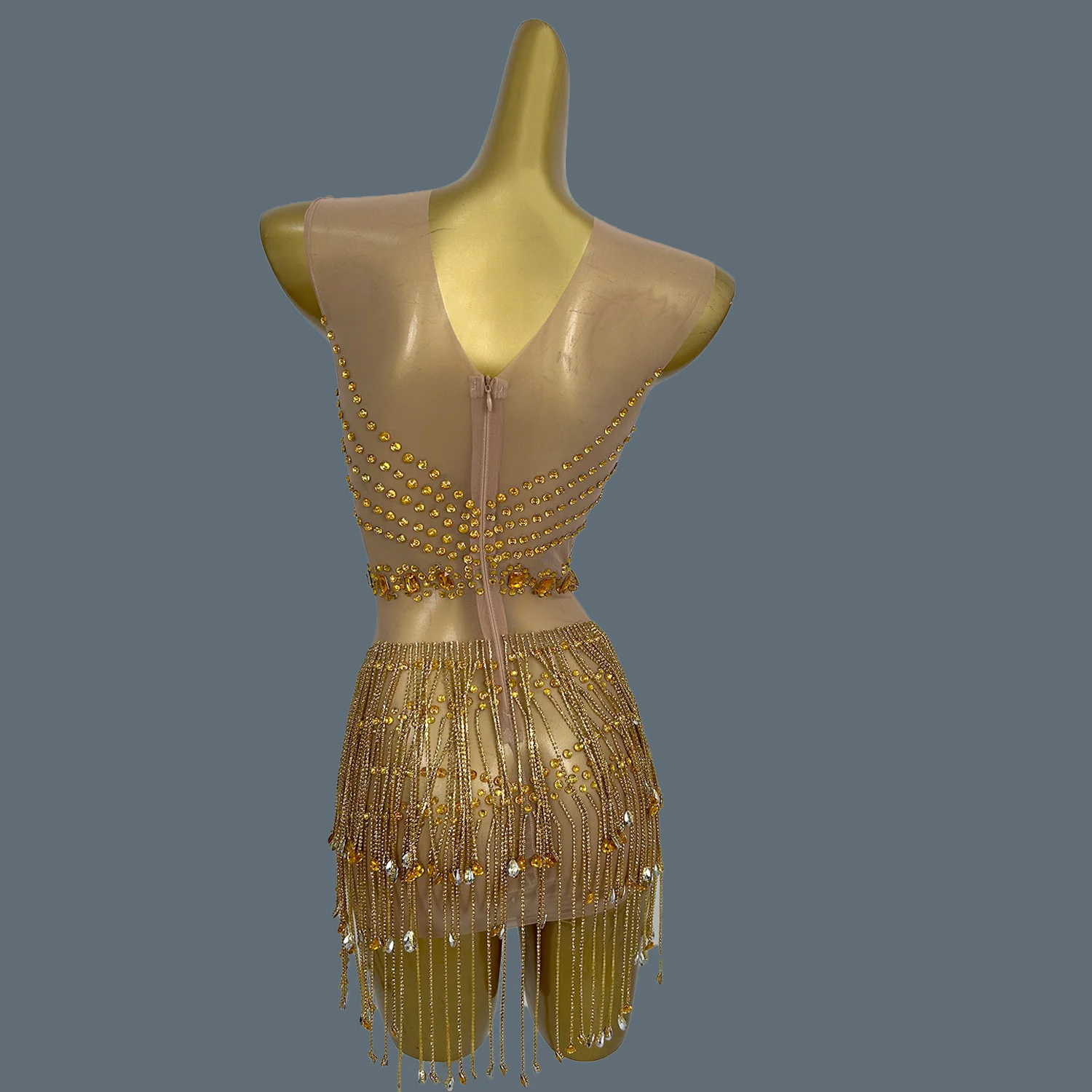 Summer Sparkly Golden Rhinestone Tassel Ultra Short Dress Women Sexy See Through Mesh Evening Dress Dance Wear Party Outfit Suya