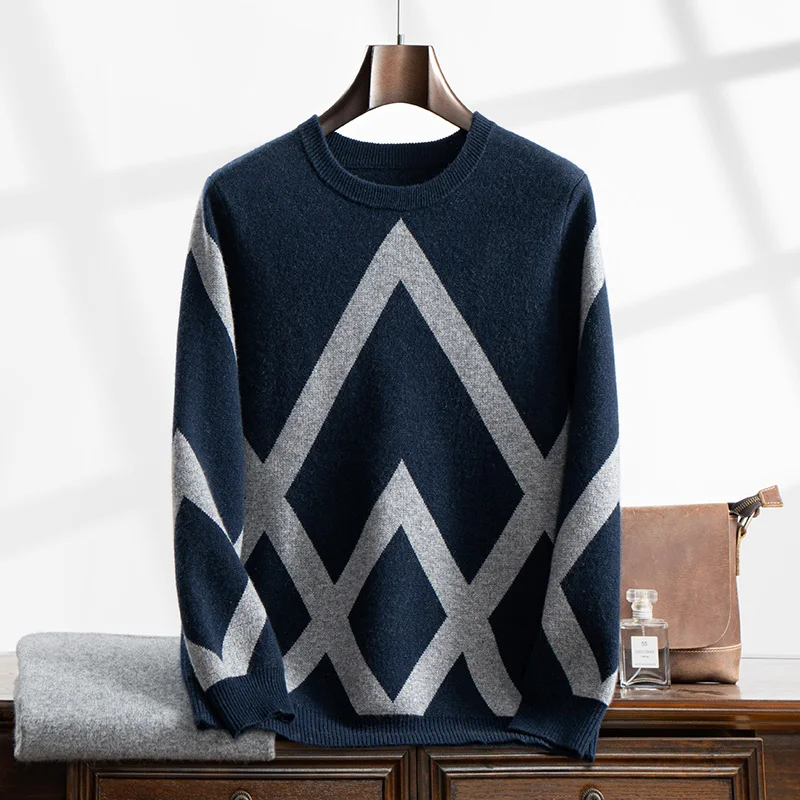 Arrow pattern autumn and winter new 100% cashmere men's O-neck sweater jumper slim warm knit solid color long sleeve top