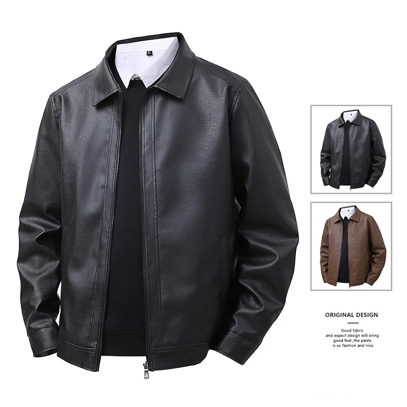

Casual Leather Jacket Men's Outerwear Spring Autumn Motorcycle Style Mid-aged And Elderly Turn-down Collar PU Leather Top