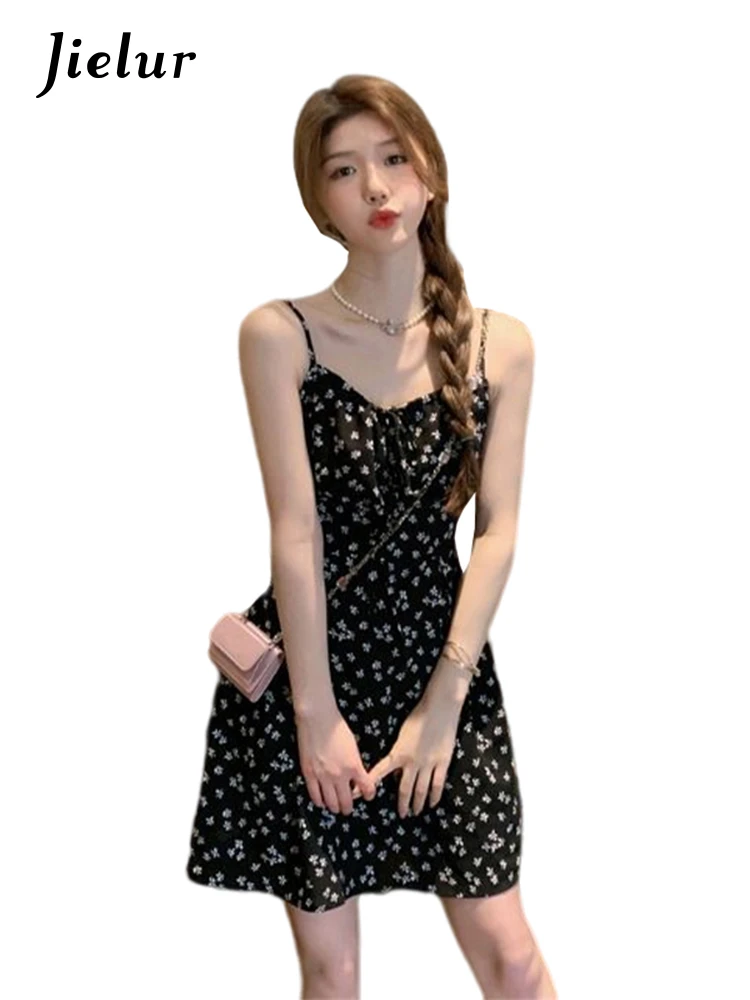 Jielur Sommer schwarz Vintage Blumen kleid Französisch Stil Spaghetti träger Chiffon ärmellosen Druck Frauen kleider Mode Streetwear