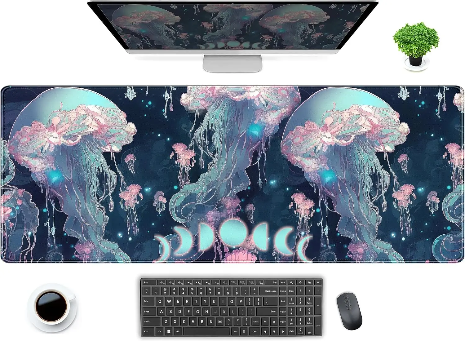 

DCJJM Anime Jellyfish Desk Mat Neon Blue Cute Ocean Moon Mats Computer Laptop Keyboard Mouse Mat Desk Pad