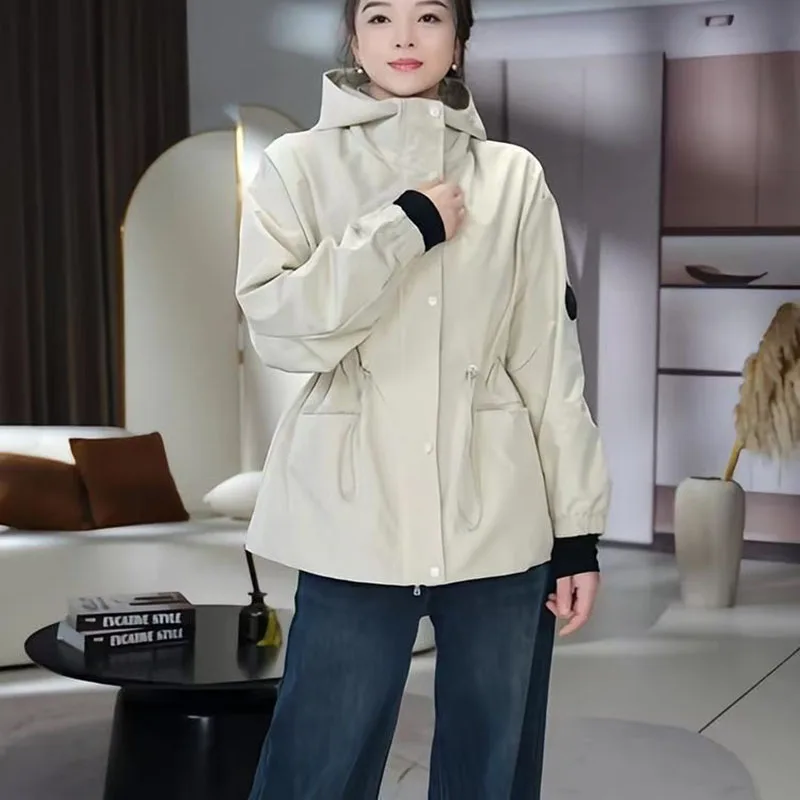 

2026 New Hooded Jackets Women's Casual Windbreaker Joker Style Coats Spring Autumn Female Loose Slim Waist Outerwear Ladies Tops