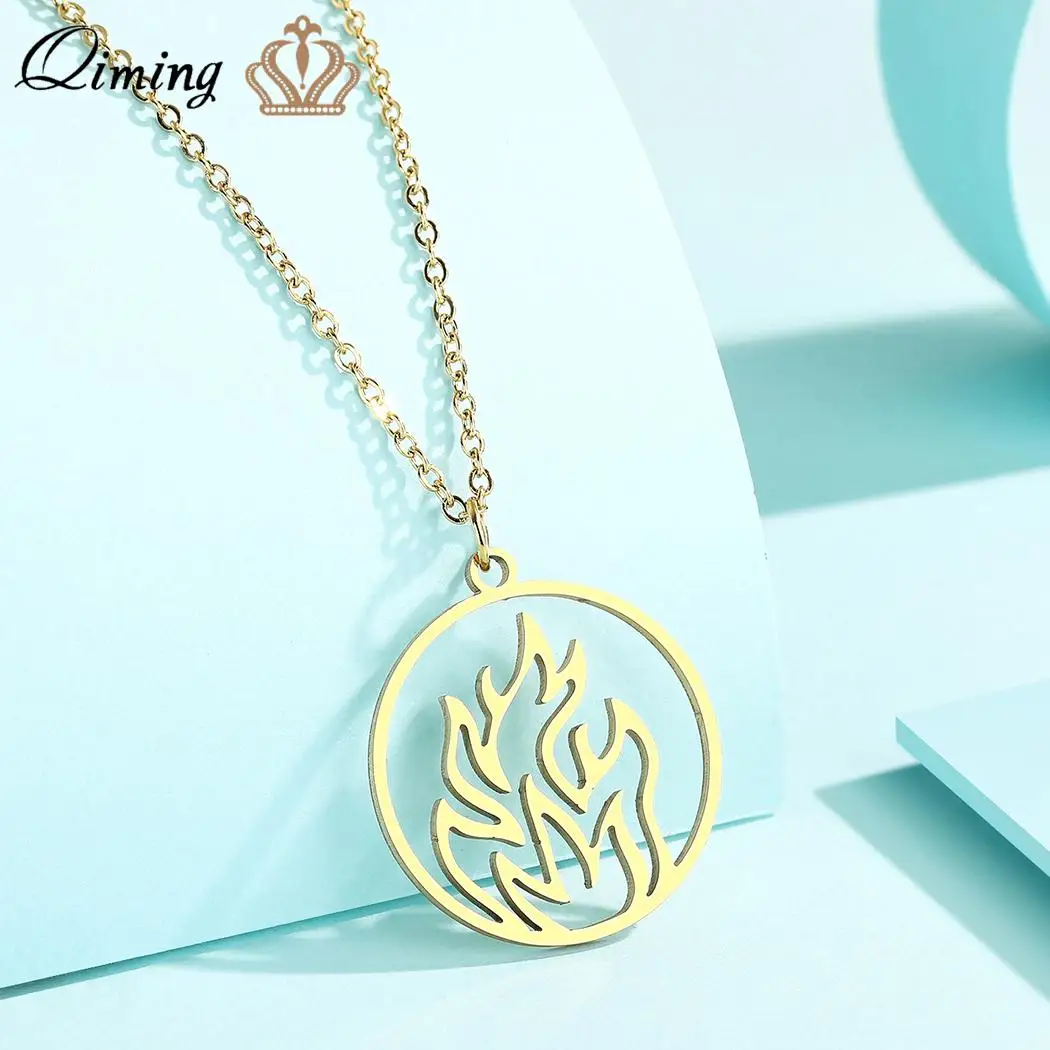 QIMING Nature Fire Pendant Necklace For Women Statement Jewelry Stainless Steel Handmade Necklace