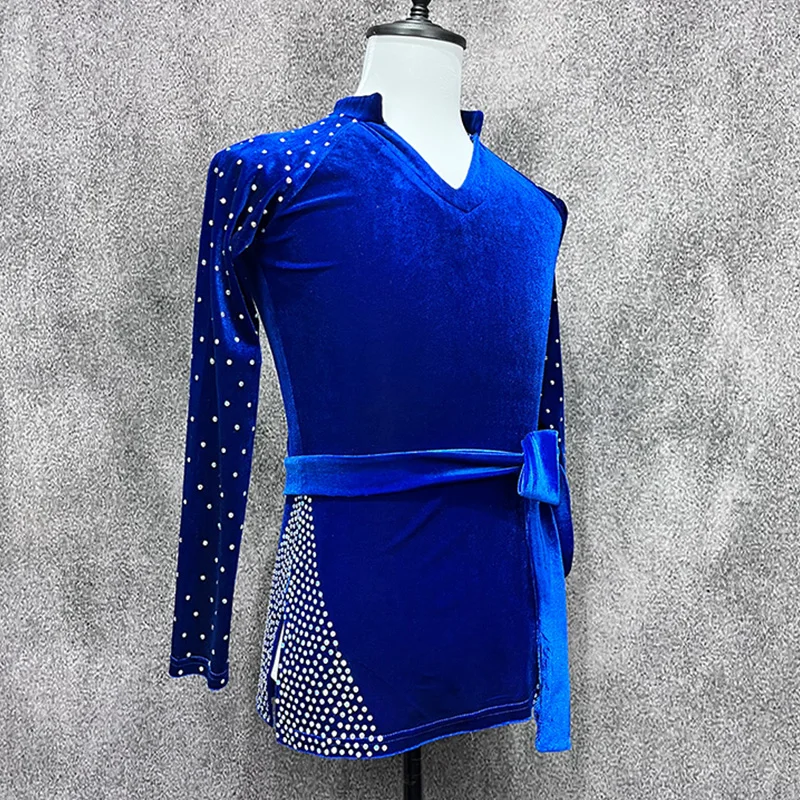 

Silde Slit Rhinestone Latin Dance Tops Boys Long Sleeves Royal Blue Competition Shirt Cha Cha Performance Dance Costume DNV21840