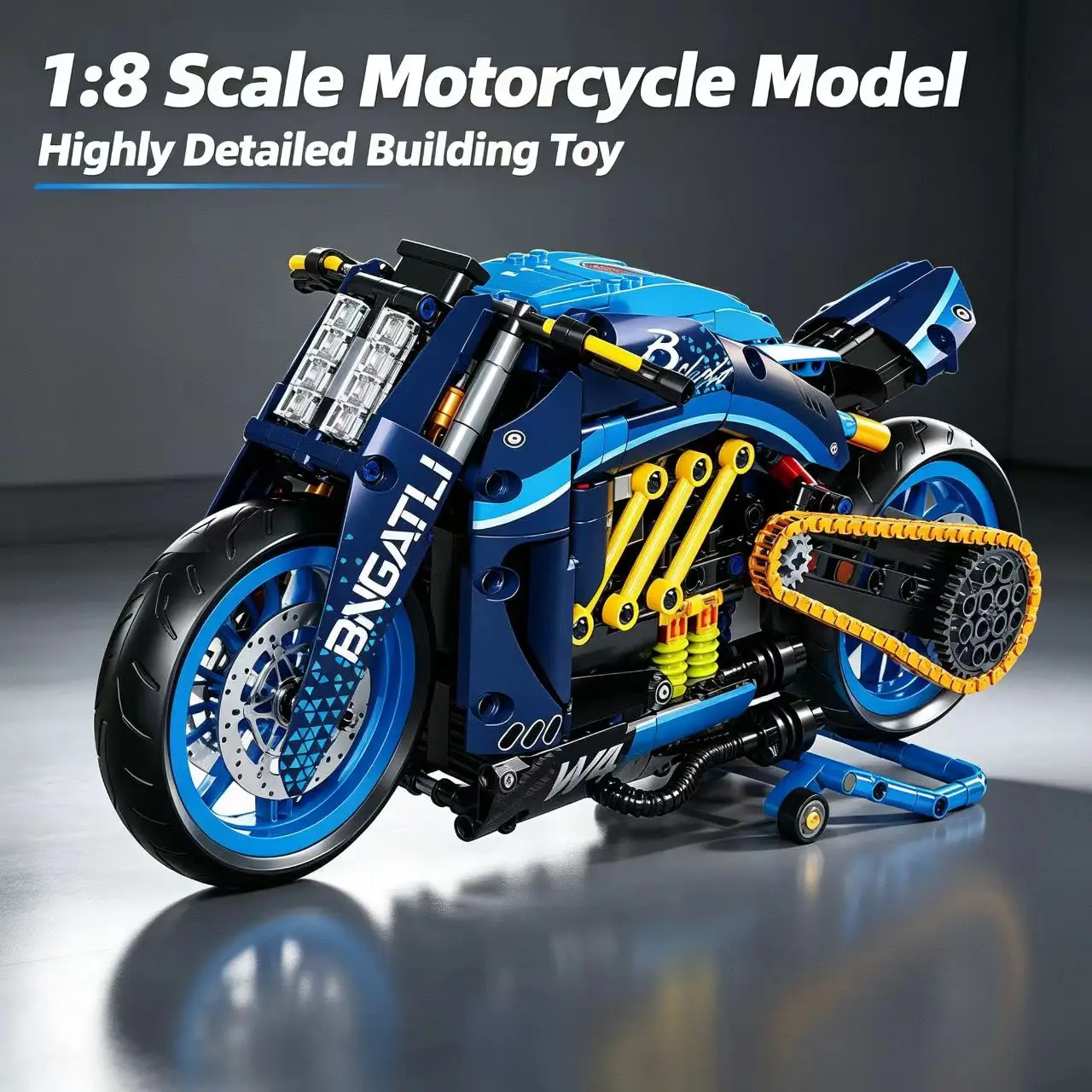 1:8 Scale Racing Motorcycle Building Blocks Set, DIY Assembly Mechanical Model, Movable Chain & Spring Shock Absorber