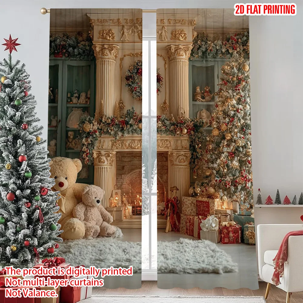 

2pcs 2D flat printing Merry Christmas Curtains Old fireplace_ Versatile Polyester Without Electricity Party Decorations Use for