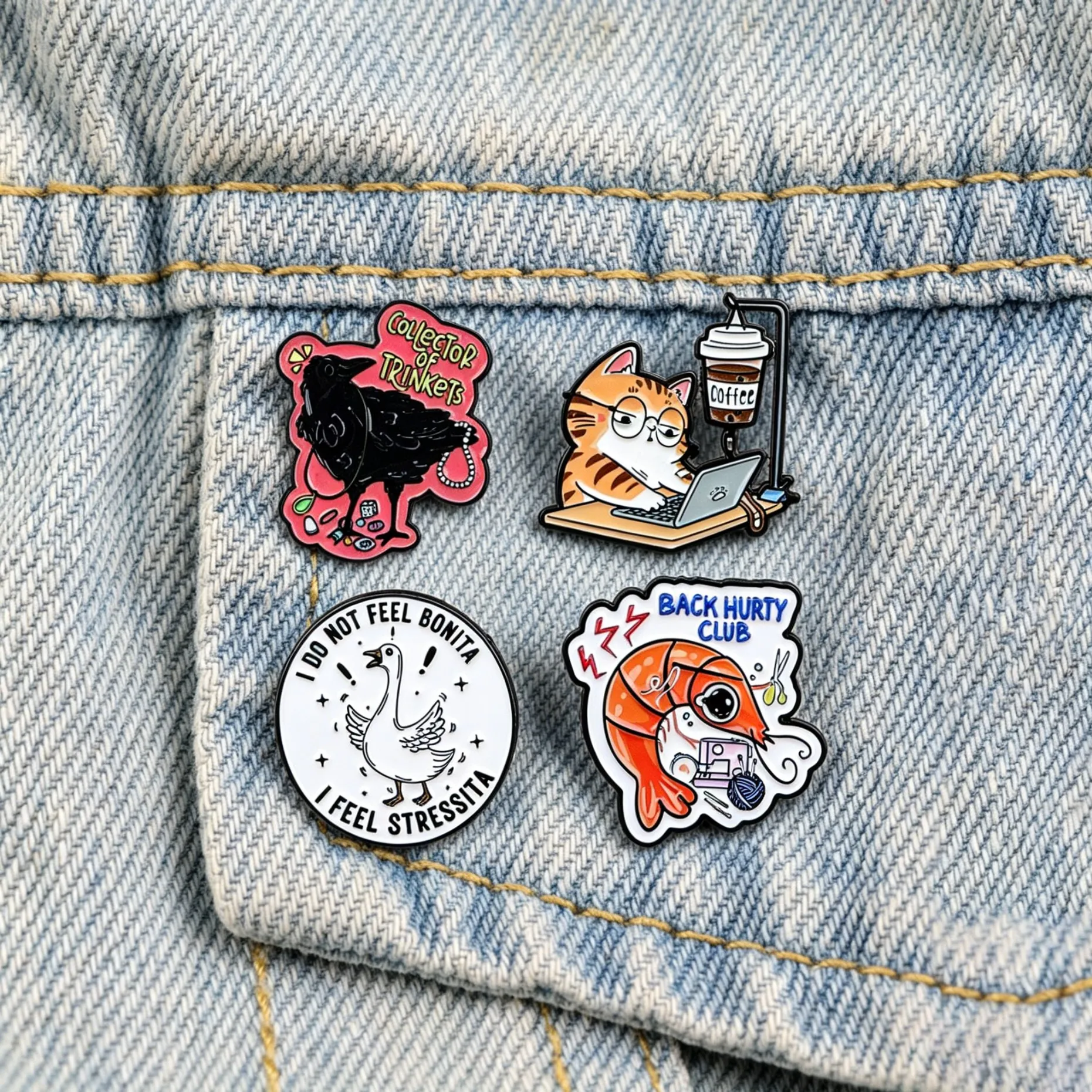 Niedliche Katzen-Kaffee-Emaille-Anstecknadel, lustige Arbeitskatzen-Brosche, Cartoon-Krähe-Gans-Garnelen-Reversnadel für Rucksack, Tasche, Kleidung, Schmuck, Geschenk