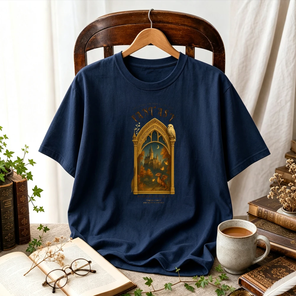 Fantasy Gothic Window Castle Dragon Owl Vintage T-Shirt Dark Academia Medieval Fairytale Unisex Fantasy Book Lover Witchy Gift