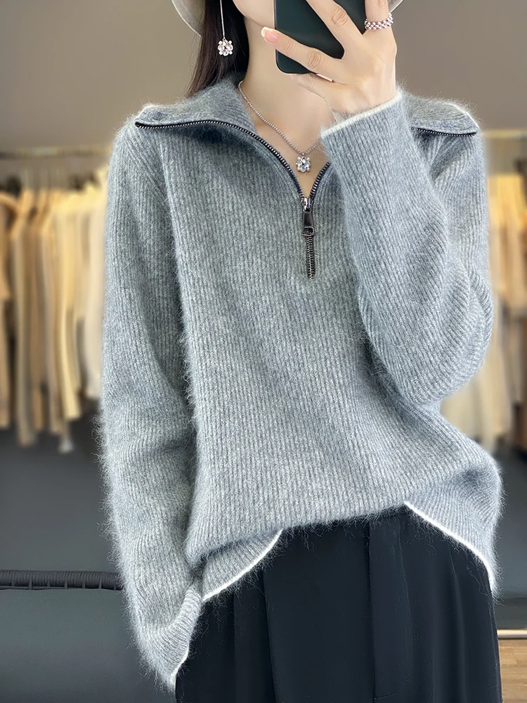 

New Autumn Winter Women's Zipper Turn Down Collar Pullover Sweater 100% Merino Wool Knitwear Casual Korean Popular Clothes Tops