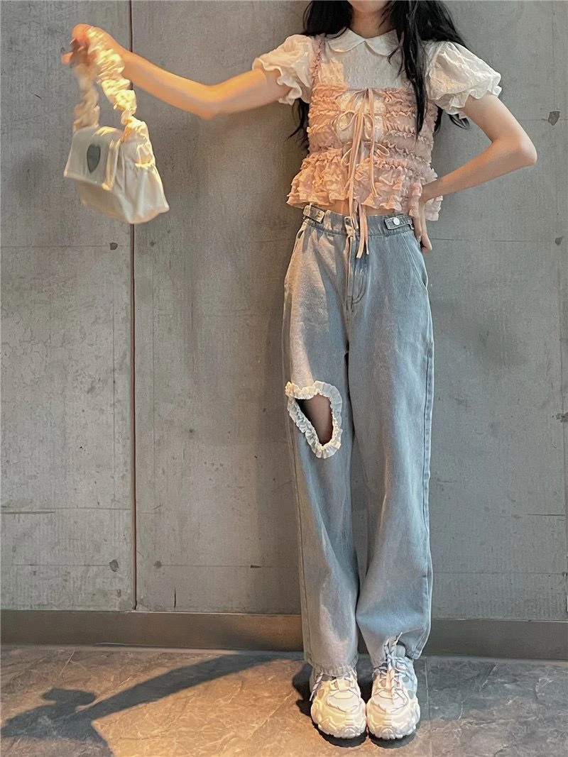 All-match fashion kawaii denim blue loose wide-leg women\'s jeans high waist heart chain summer thin casual cute casual