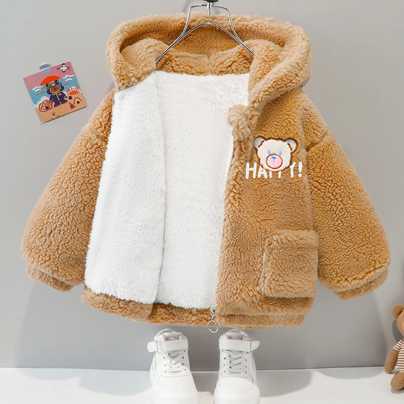 2023 Baby Girls Jacket Winter Lining Plush Thicken Keep Warm Outerwear For 1-5Y Kids Cartoon Hooded Snowsuit Send Bears Doll