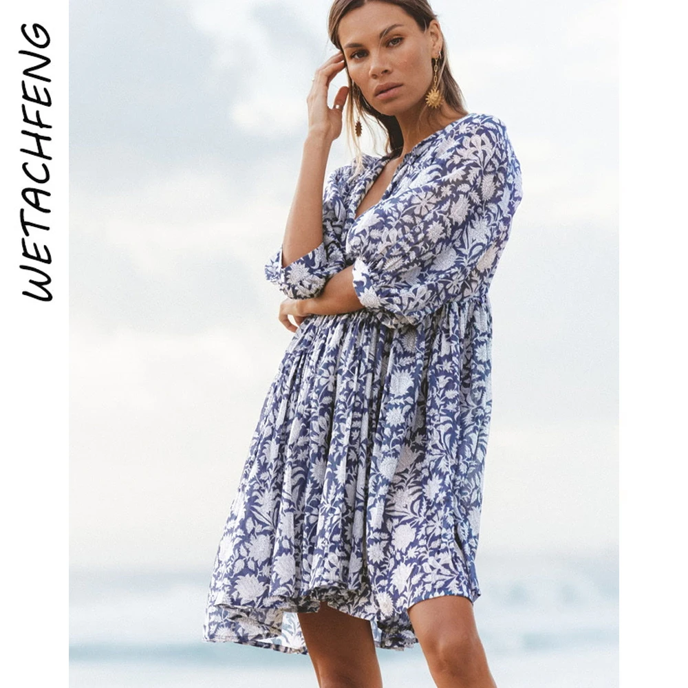 

Floral Loose Women's Holiday Maxi Dress Fashion Casual Half Sleeve Summer Cotton Flower Printed Beach Bohemia Party Long Dresses