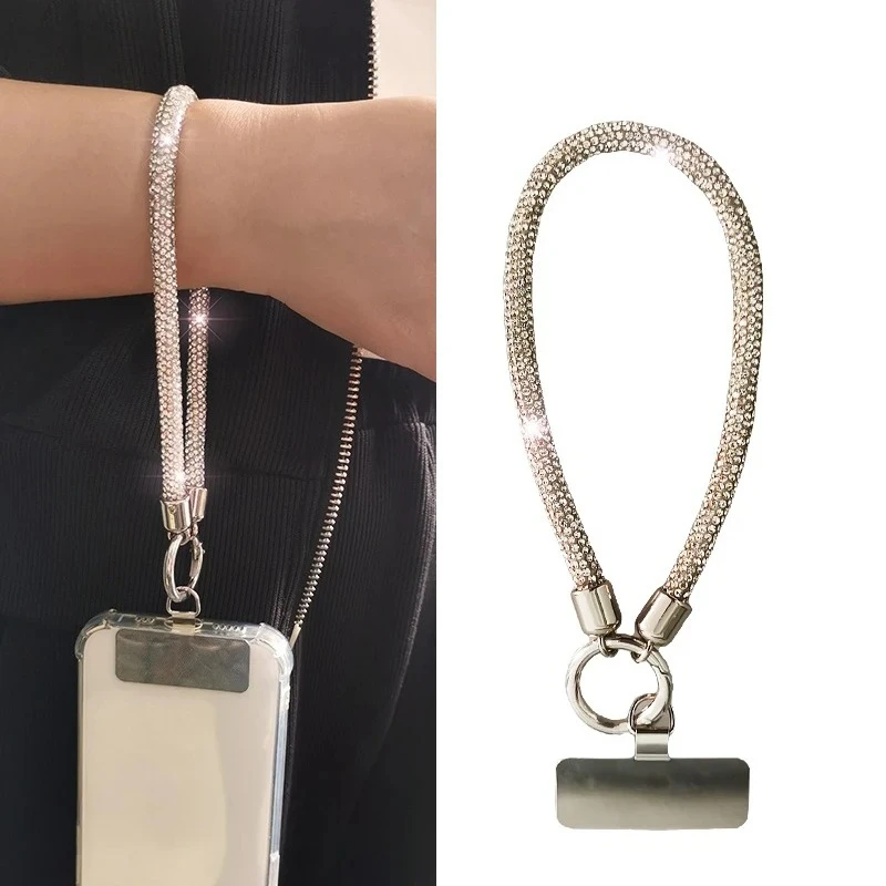 1pc Luxuriöses Handy-Umhängeband mit Vollbesatz aus Diamanten und Metallclip, Universelle Kurzkette, Handlicher Blitz-Accessoire