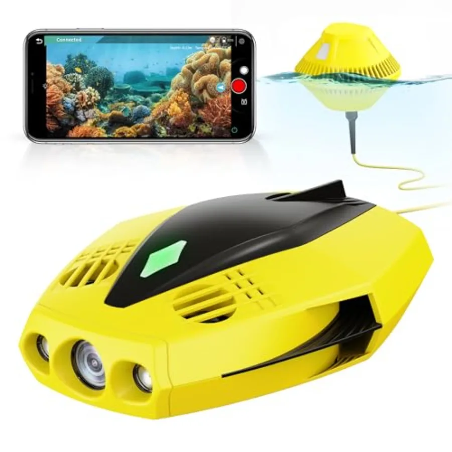 

Underwater drone for recreational diving, ABS plastic, purple and yellow, palm-sized with 1080p HD camera and real-time APP rem