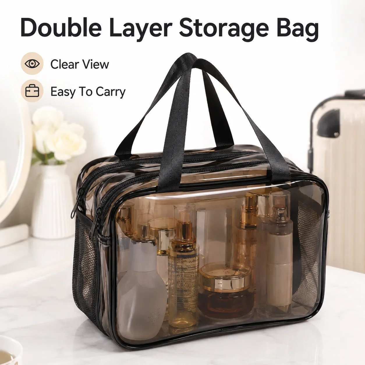Sac cosmétique transparent à double compartiment, organisateur de voyage pour articles de toilette, étui de rangement pour maquillage en PVC avec poignées de transport et deux fermetures éclair