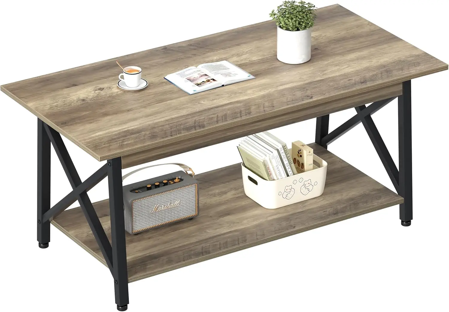 Coffee Table with Storage, 39inch Modern Coffee Tables for Living Room, X-Frame Design Farmhouse Coffee Table