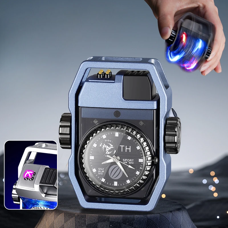 Metal True Watch Gyroscope Double Arc Pulse Windproof Charging Lighter Cool LED Colored Light Fashionable USB Electric Lighters