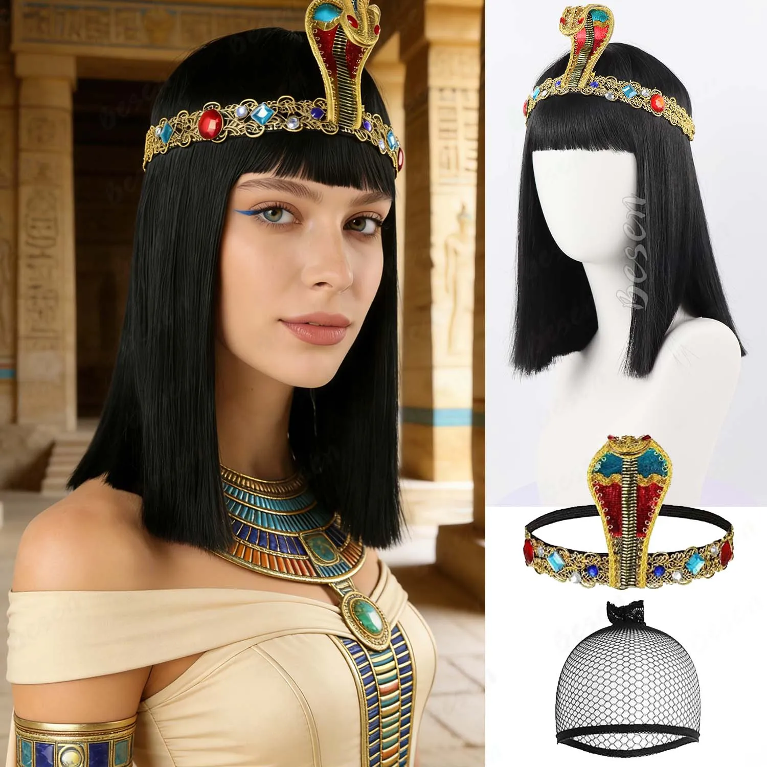 Synthetic Women's Short Straight Bob Cleopatra Wig with Snake Headband Egyptian Queen Costume Accessory for Cosplay Parties