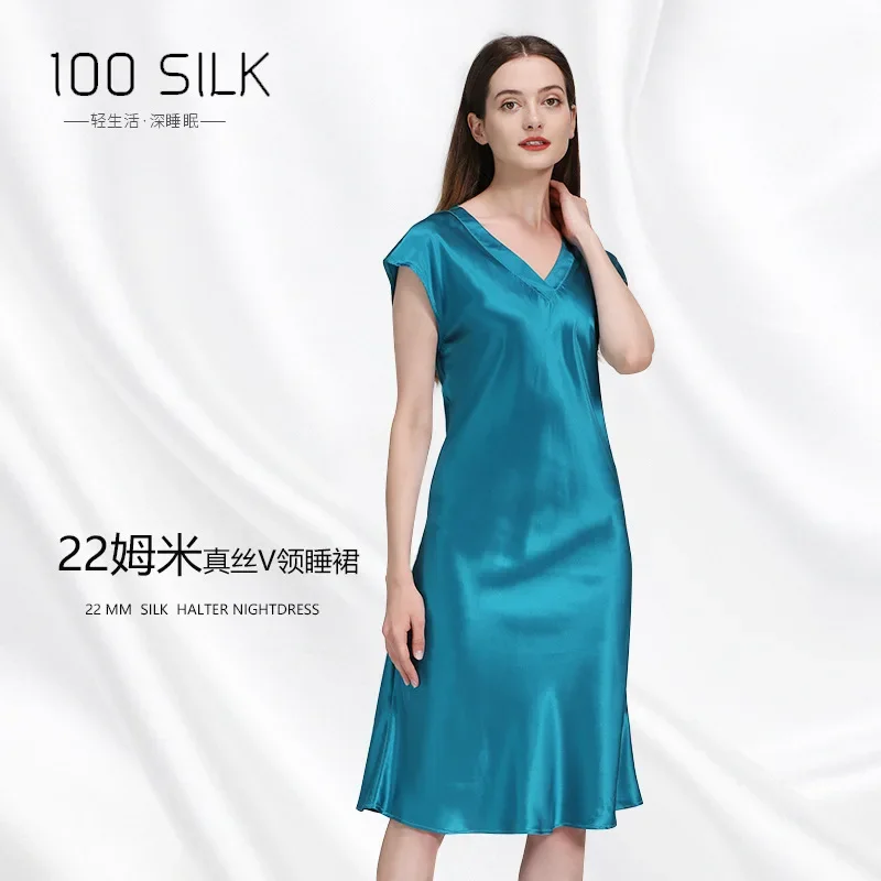 22MM Silk Red Nightgowns Night Dress 100% Mulberry Silk Valentine Nightdress Short Sleeve Woman Dress V-neck Home Wear Dress