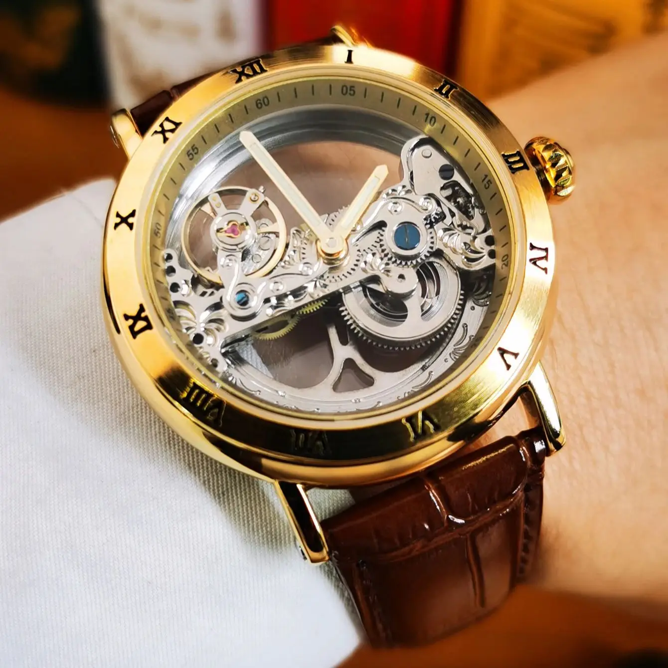 Forsining Silver Skeleton Automatic Watch Men Luminous Hands Business Retro Golden Bridge Mechanical Watches Steel Leather Strap