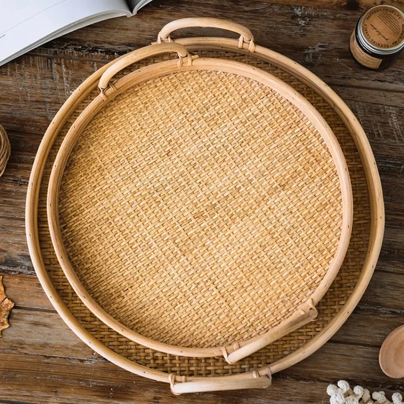 

Japanese Vintage Handmade Double Ear Weaving Vine Tray Circular for Fruit Bread Snack Storage Tea Plate