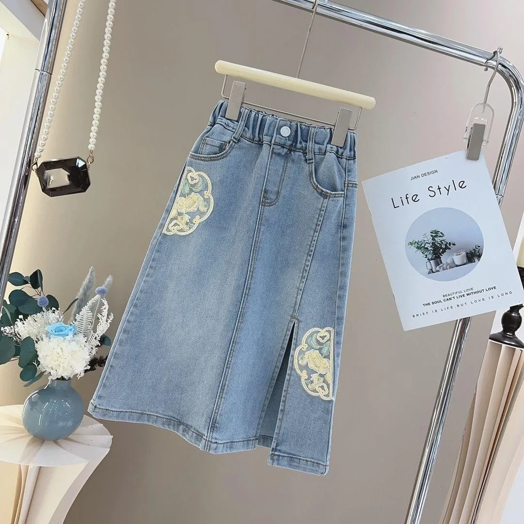 Girls' Chinese summer outfit set 2025 new children's short sleeved T-shirt+denim skirt 2-piece set
