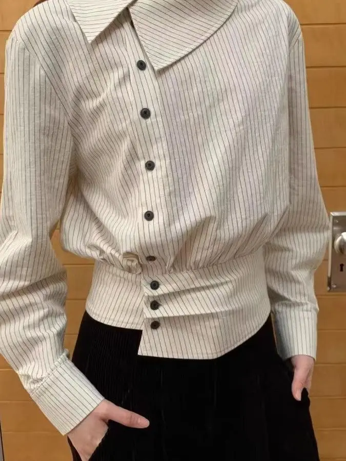 

Korean Style Striped Shirt Women's Spring Autumn New Irregular Design Waist-Cinching Long Sleeve Top Trendy Turn-down Collar
