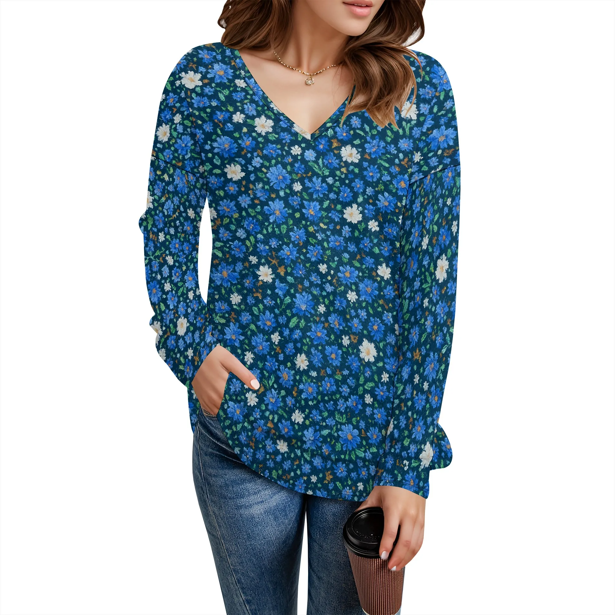 

V Neck Tops for Women Long Sleeve Shirts Loose Fit Tunic Top Cute Ladies Blouse Fall Fashion Tops