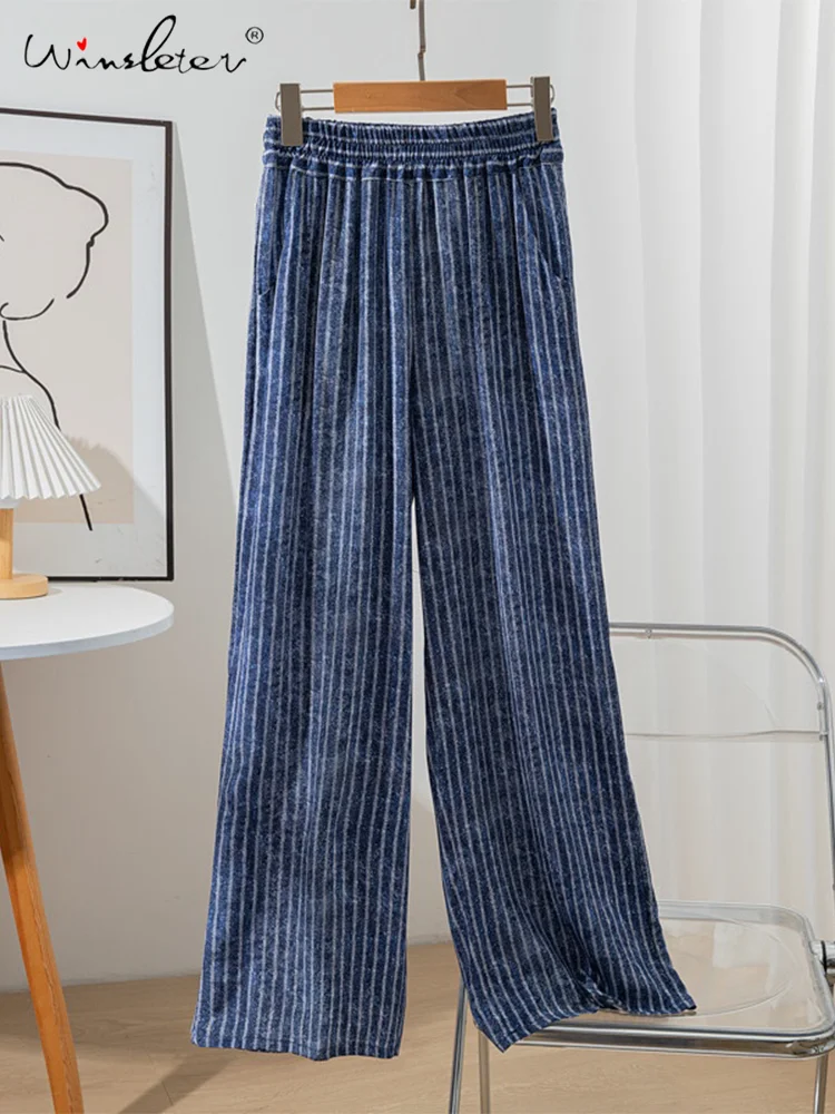 

Winsleter, 100%Real Silk Elegant Wide Leg Pants, Woman Elastic Waisted Striped, Casual Loose Pants, 2024 Summer Autumn B47862QM