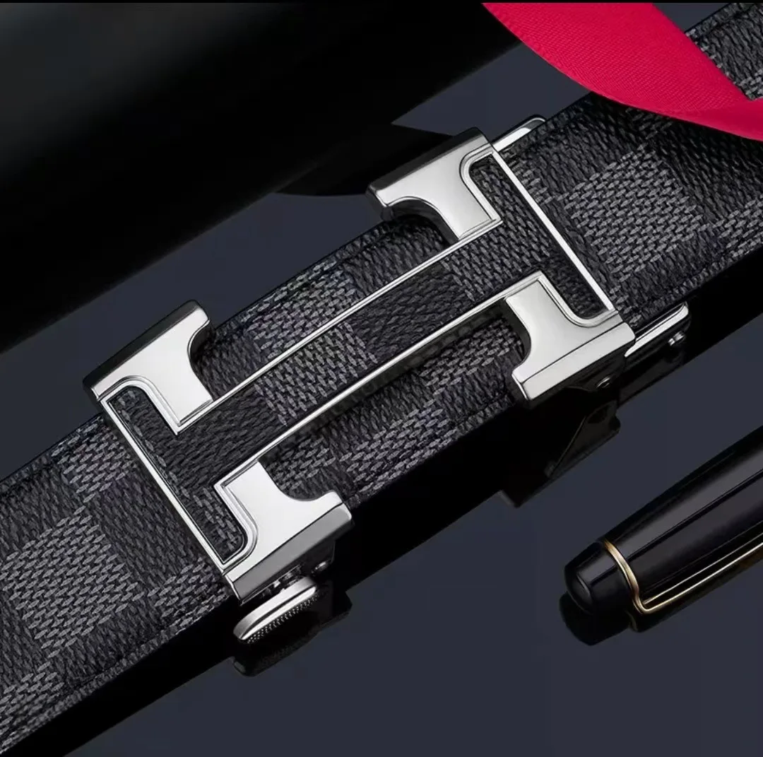 ‌ حزام جلد بنمط مربعات ممتاز للرجال - إبزيم تلقائي، حزام كاجوال وعصري للأعمال، جلد البقر الأصلي، هدية أنيقة