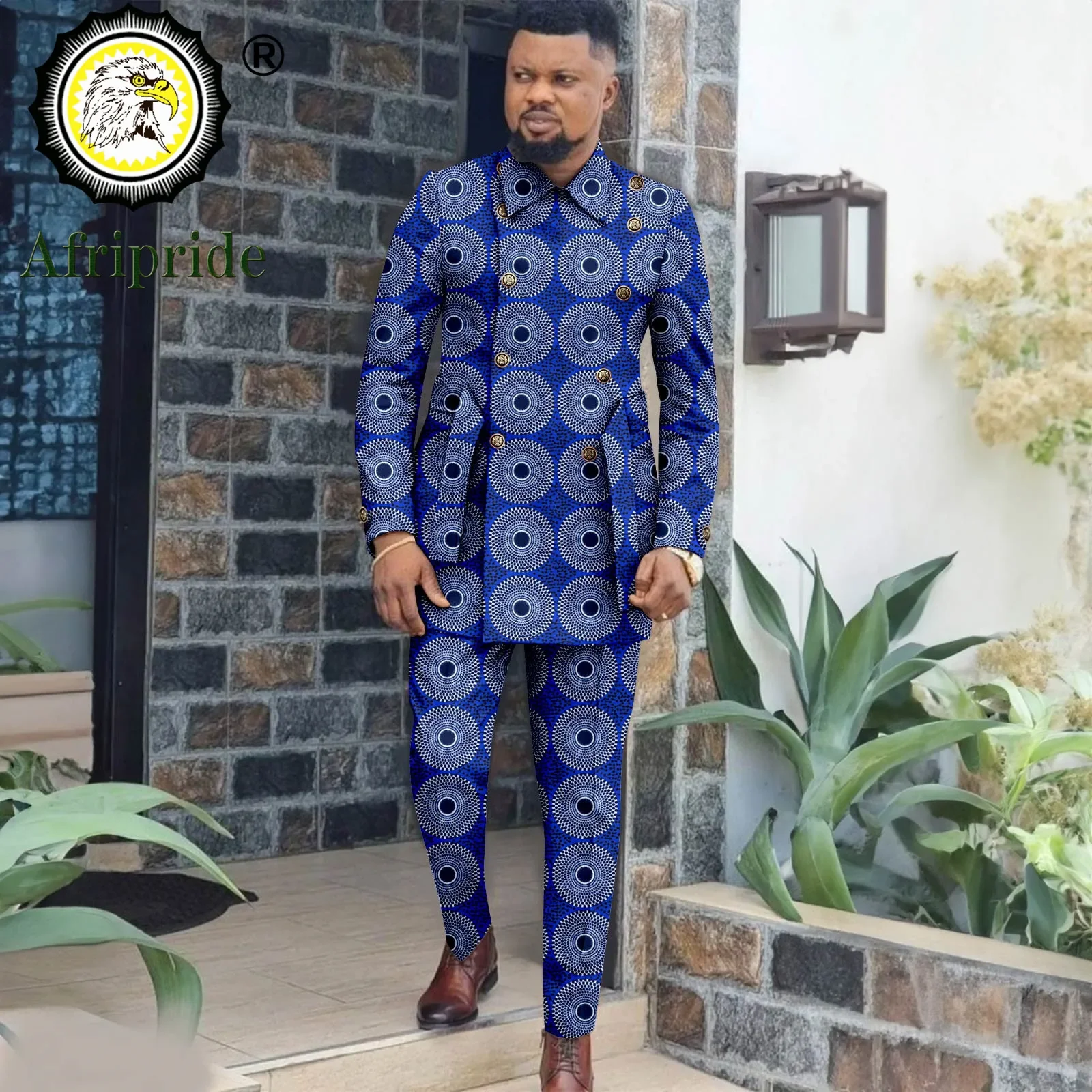 African Suits for Men Double Breasted Full Sleeve Slim Fit Blazer and Trousers Set Dashiki Outfits with Belt Print Wear 2416039