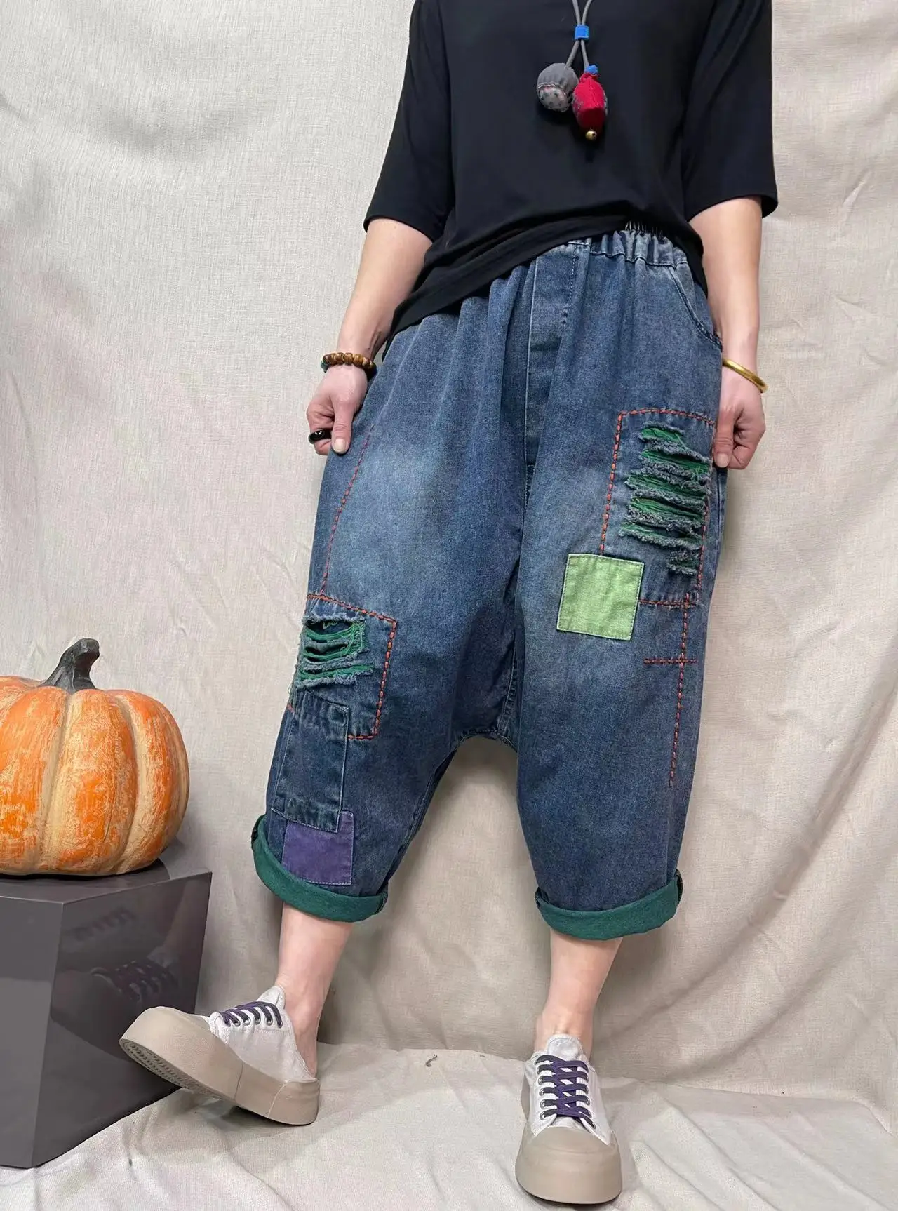 Baggy Cowboy Cross-pants Women Low Drop Crotch Jeans Hippie Vintage Loose Ripped Hole Sagging Street Dance Wide Leg Joggers