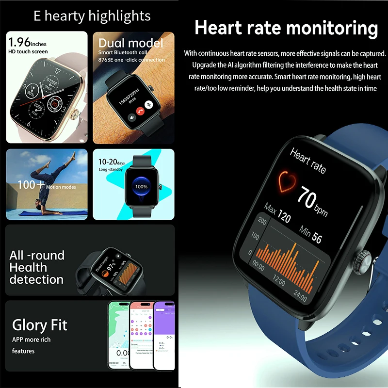 New Health Smart Watch 1.96 inch with Heart Rate Blood Oxygen Blood Pressure Check Bluetooth Call Sports Tracking Smartwatches