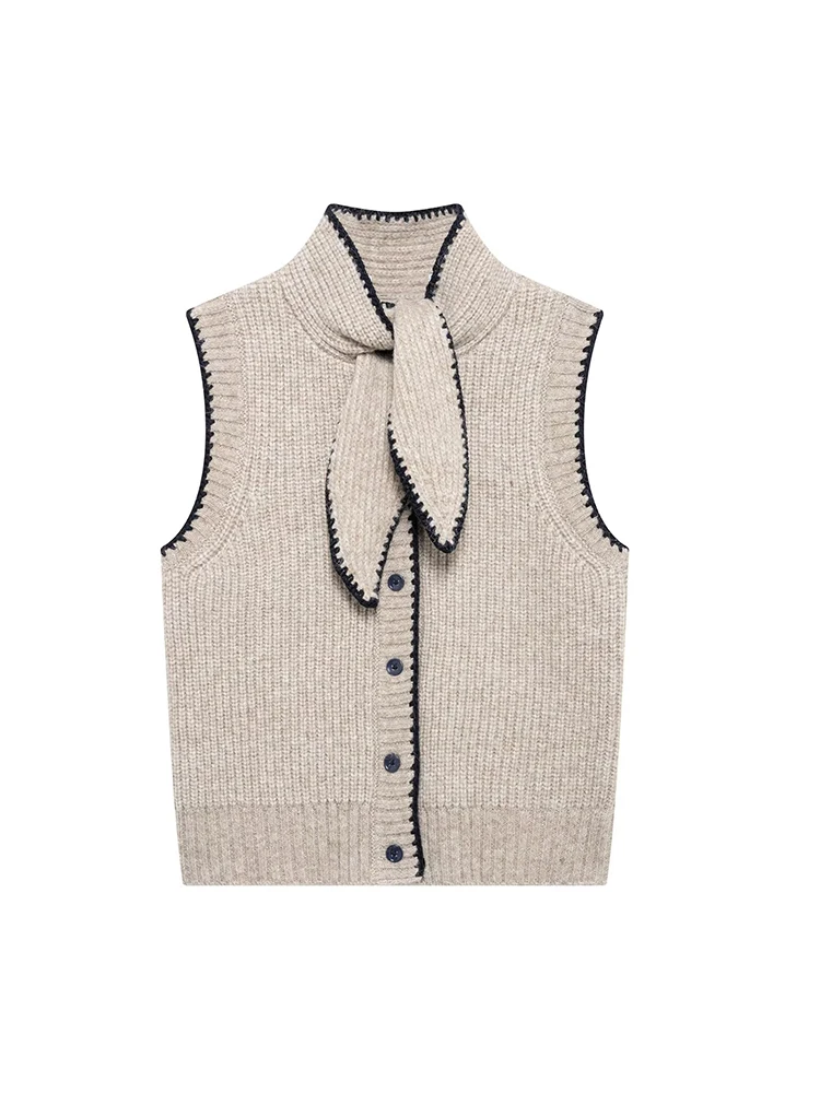 KUCLUT Women Fashion Chic Knit Waistcoat With Bow Female High Neck Sleeveless Top Ladies Casual Knitted Vest