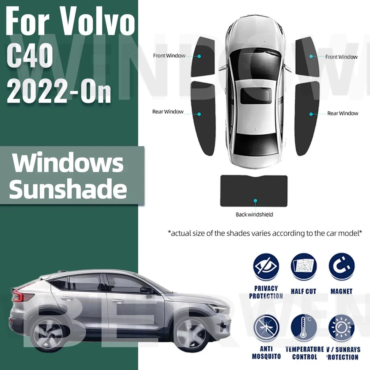 For Volvo C40 EC40 Coupe 2021-2023 2024 2025 Magnetic Car Sunshade Visor Front Rear Windshield Curtain Side Window Sun Shade