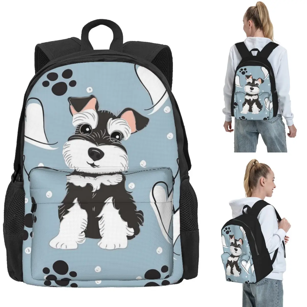 Love Black And White Miniature Schnauzer Backpack Daypack Large Capacity Boy Girl BookBag School Bag Shoulder Bags for Men Women