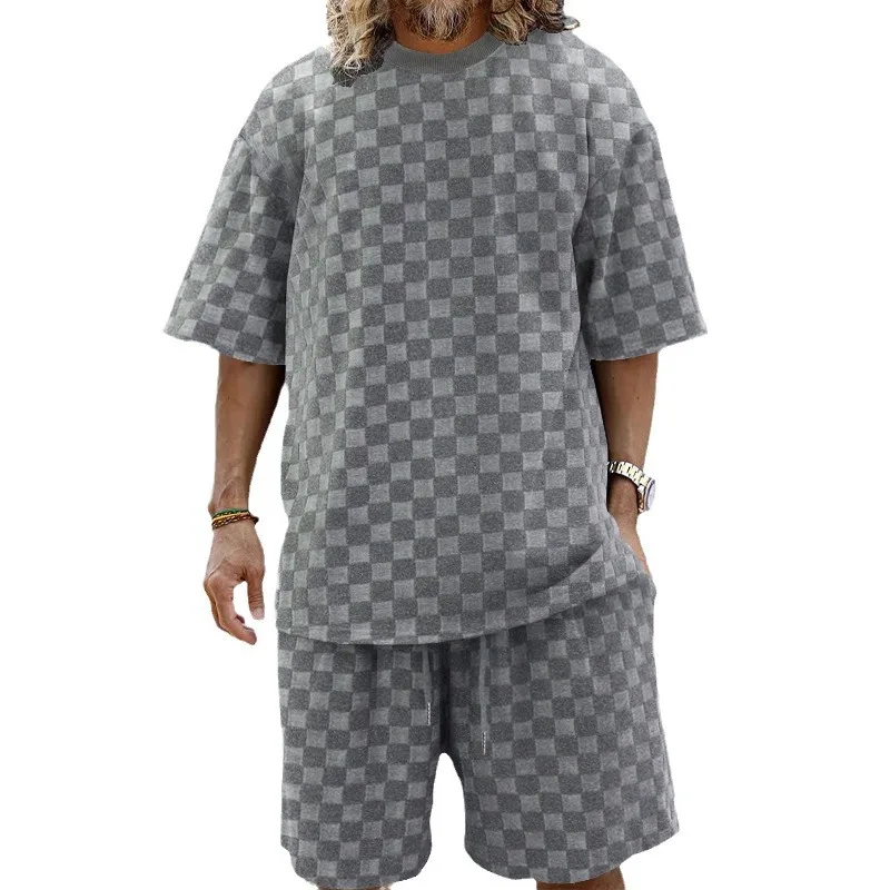 2025 new cross-border hot selling European and American jacquard checkerboard solid color short sleeved shorts set for men's fas