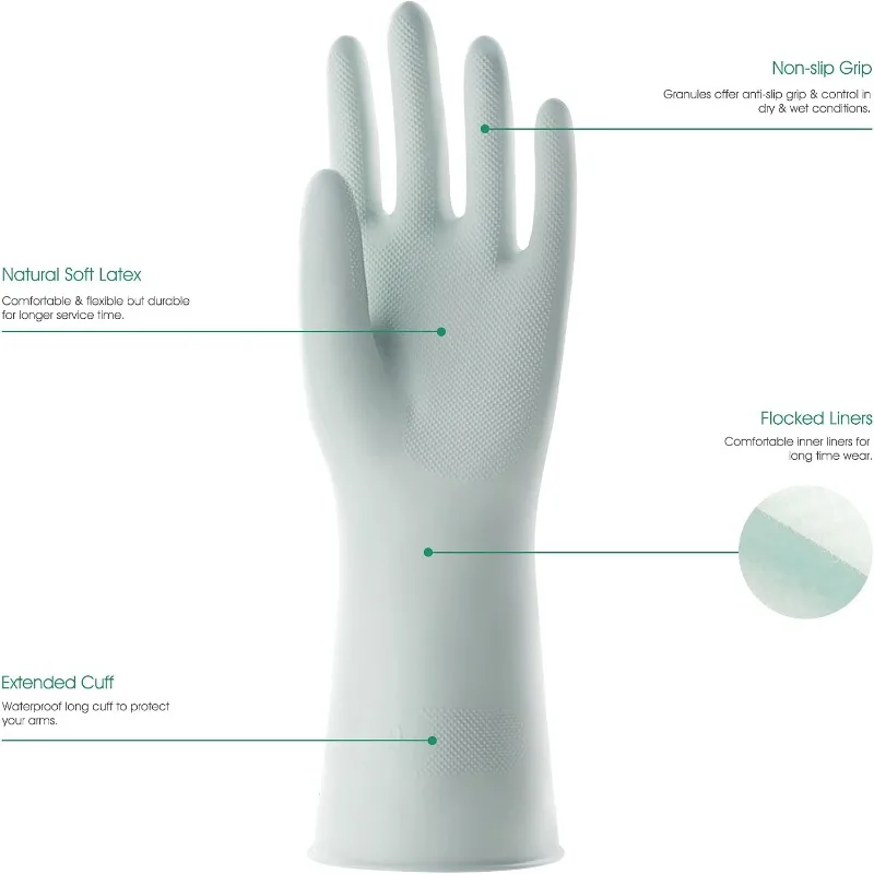 Green Household Rubber Non-Slip Gloves with Flocked Lining, Large