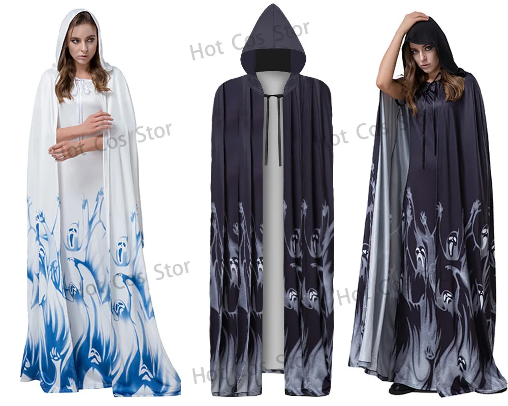 

2023 Halloween Vampire Costume Adult Makeup Dance Death Cloak Black White Cos Skeleton Witch Cosplay Dress