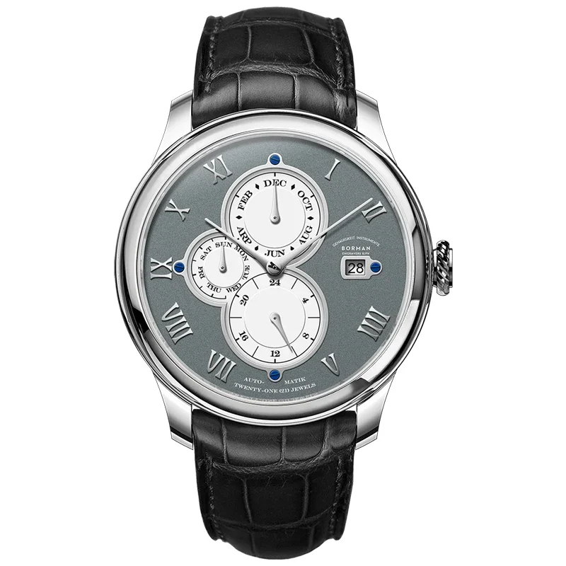 Luxury Brand BORMAN Automatic Mechanical Men's Watches Sapphire 50M Waterproof Multi-function Dial Retro Leather Clocks BM18011