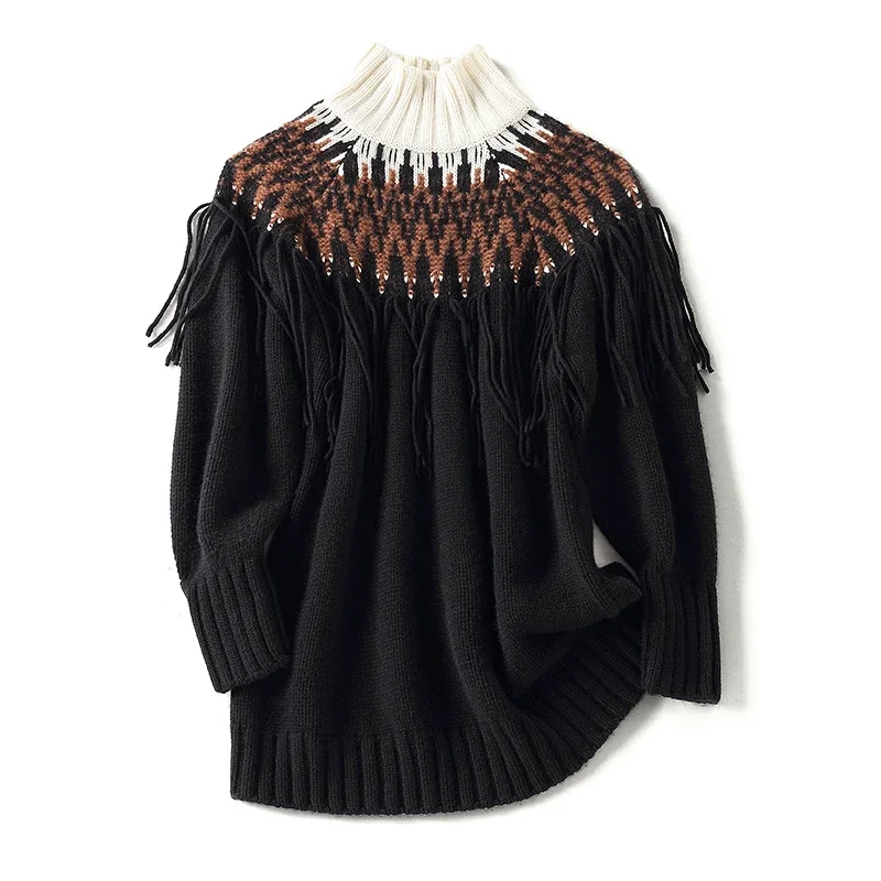 Shuchan Turtleneck  Tassel  Sweater Women  Indie Folk  Patchwork 100% Cashmere THICK WARM Autumn Winter  A-straight Pullover