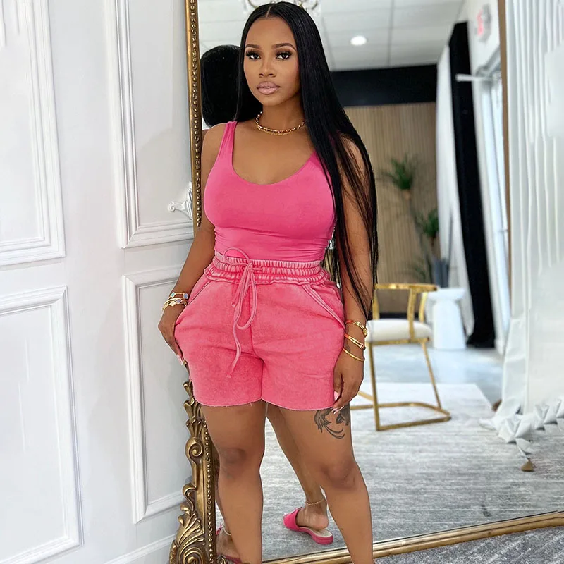 

Solid Casual Summer Outfit Woman 2 Piece Set Sports Fitness Joggers Tank Sleeveless Top and Shorts Running Workout Sweat Suit