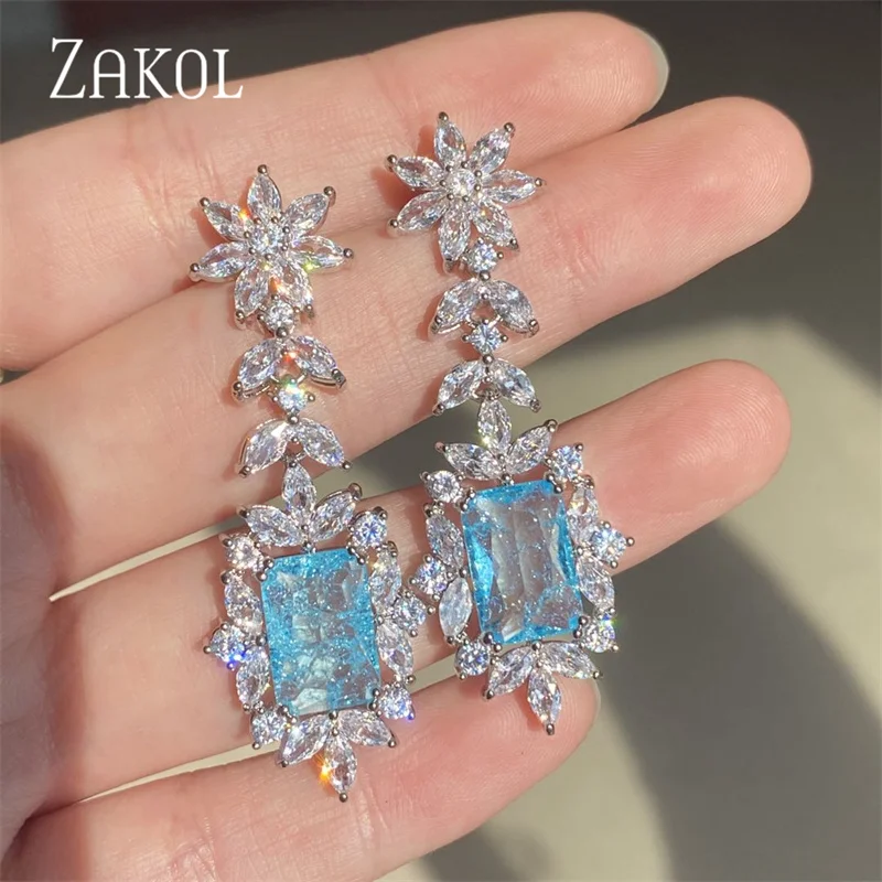 ZAKOL Vintage Square Leaf Cubic Zirconia Drop Earrings for Women Luxury Exquisite Royal Blue CZ Wedding Banquet Jewelry EP5361