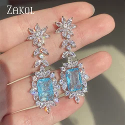 ZAKOL Vintage Square Leaf Cubic Zirconia Drop Earrings for Women Luxury Exquisite Royal Blue CZ Wedding Banquet Jewelry EP5361