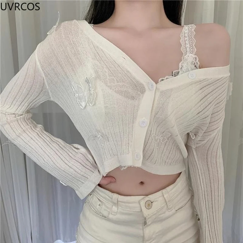 Autumn 2022 Cute Butterfly Knitted Cardigan Women Korean Sexy V-Neck Short Sweater Jacket Summer Long-sleeved Sunscreen Crop Top