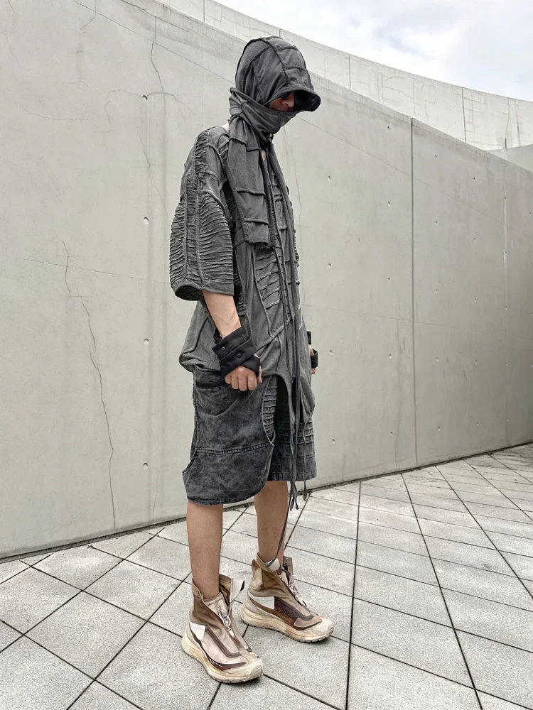 Designed Wasteland Wind Asymmetric Deconstruction Retro Workwear Distressed Multi-Pocket Three-Dimensional Men's Short Pants