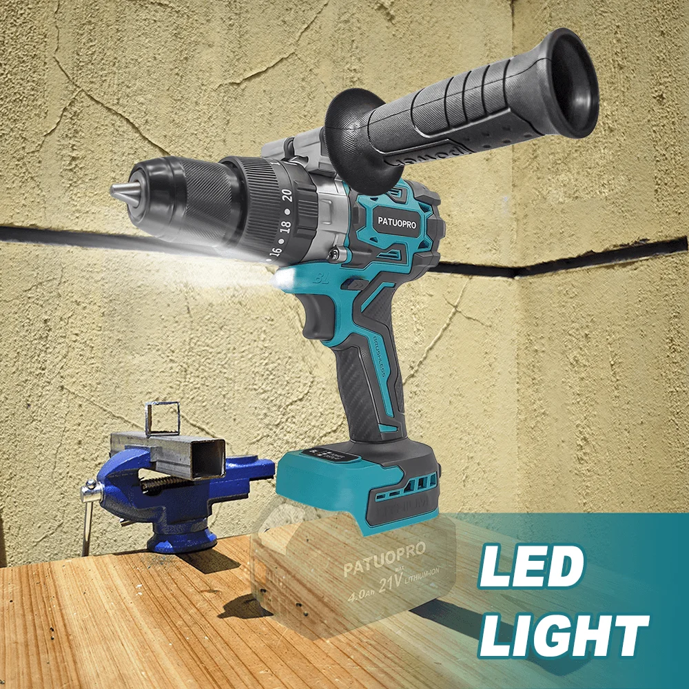PATUOPRO 220N.m Brushless Electric Hammer Drill Cordless 13MM Hammer Drill 3 Functions Impact Drill Tools For Makita 18v Battery